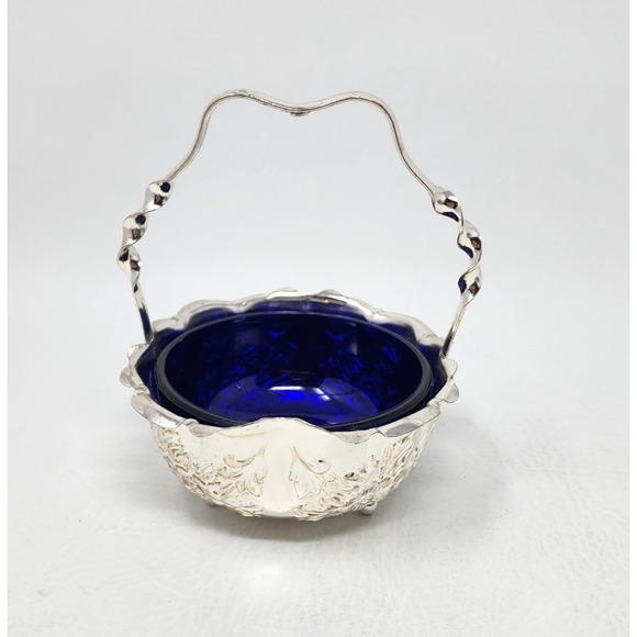 Mayell Silverplated Basket and Spoon w Cobalt Blue Glass Jam Relish Bowl England - Picture 4 of 16